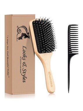 Sasoon Bristle Paddle Hairbrush with Tail Comb Natural Wooden Handle